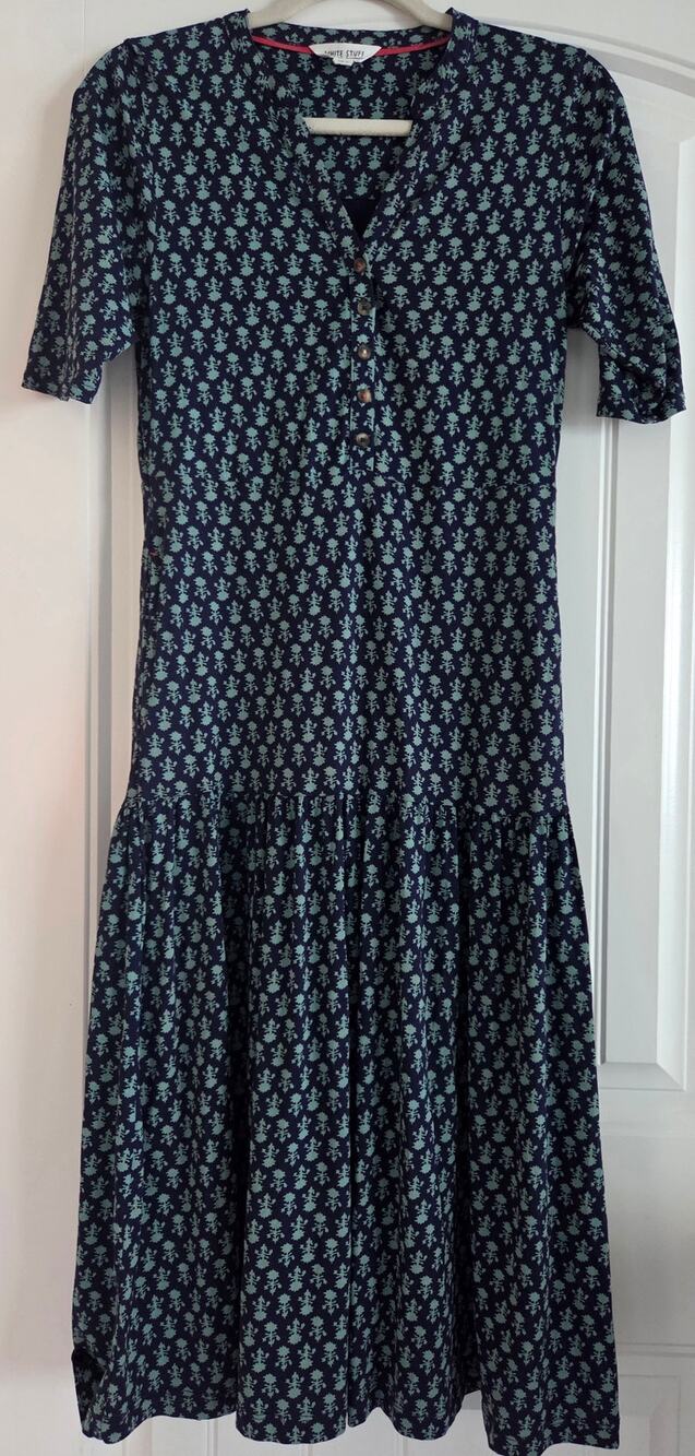 White Stuff Sabina Navy Mint Printed Tiered Midi Dress US 4 UK 8